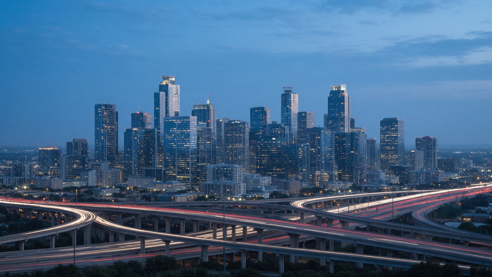 Downtown Houston skyline at dusk with freeway light trails in the foreground