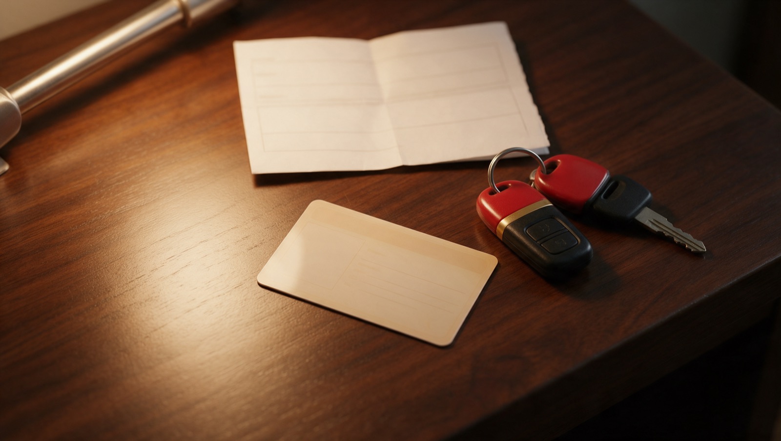 A blank license card, a set of car keys and a folded form on a desk