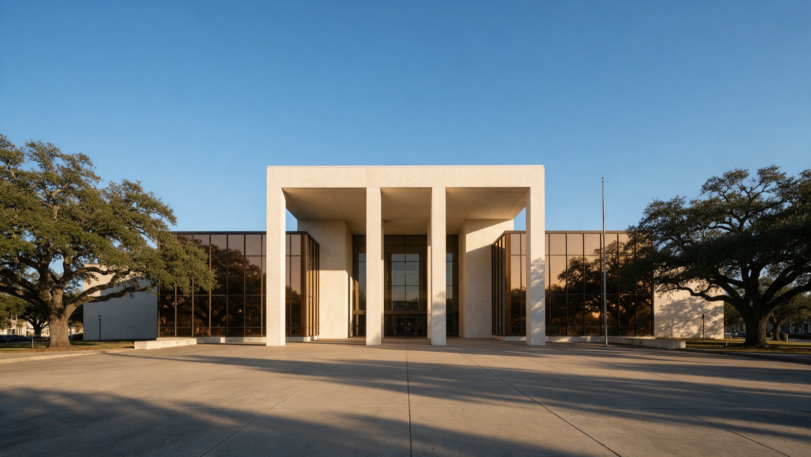 A plain modern government building exterior with a wide concrete plaza and live oak trees